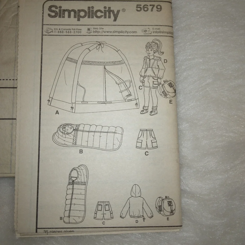 SIMPLICITY 5679 American Girl Doll sized tent sleeping bag backpack coat…